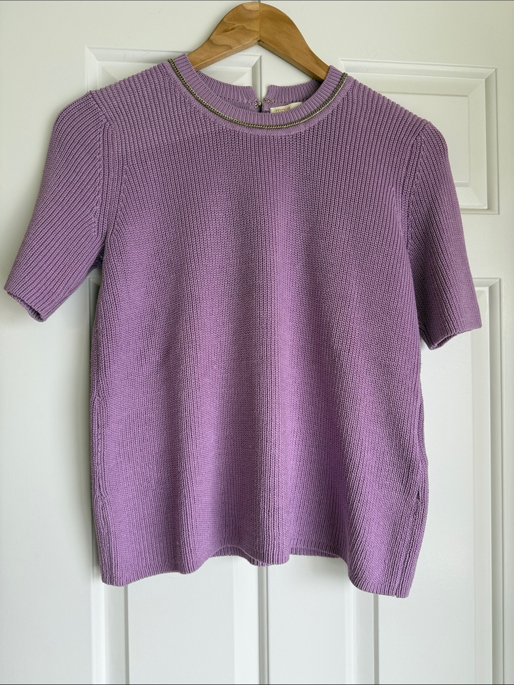 Maje Lavender Short-Sleeve Cotton Knit Sweater with Gold Chain Trim - Size Small
